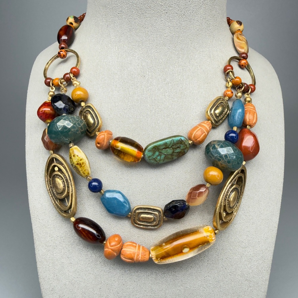 Chico's Chunky Beaded Necklace Multi Strand Blue Orange Green Gold Tone Tribal